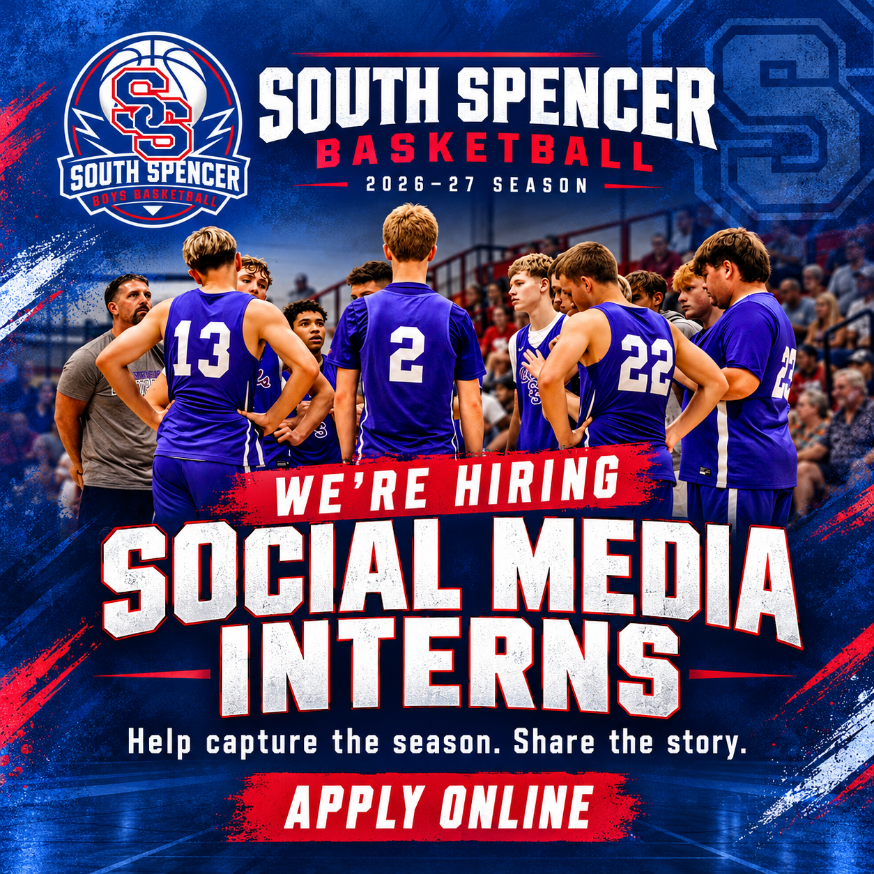 South Spencer Basketball 2026–27: We're hiring social media interns. Help capture the season. Share the story. Apply online.